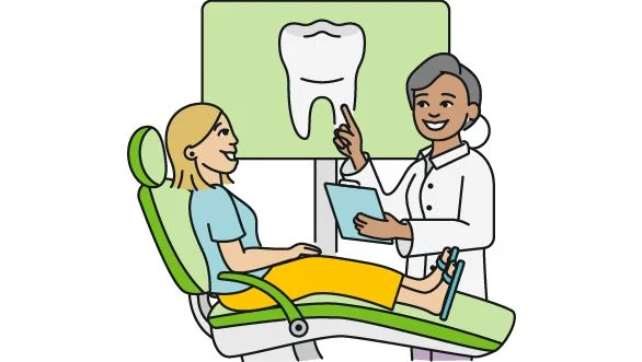 Woman sitting in dentist chair, dental visit with female dentist